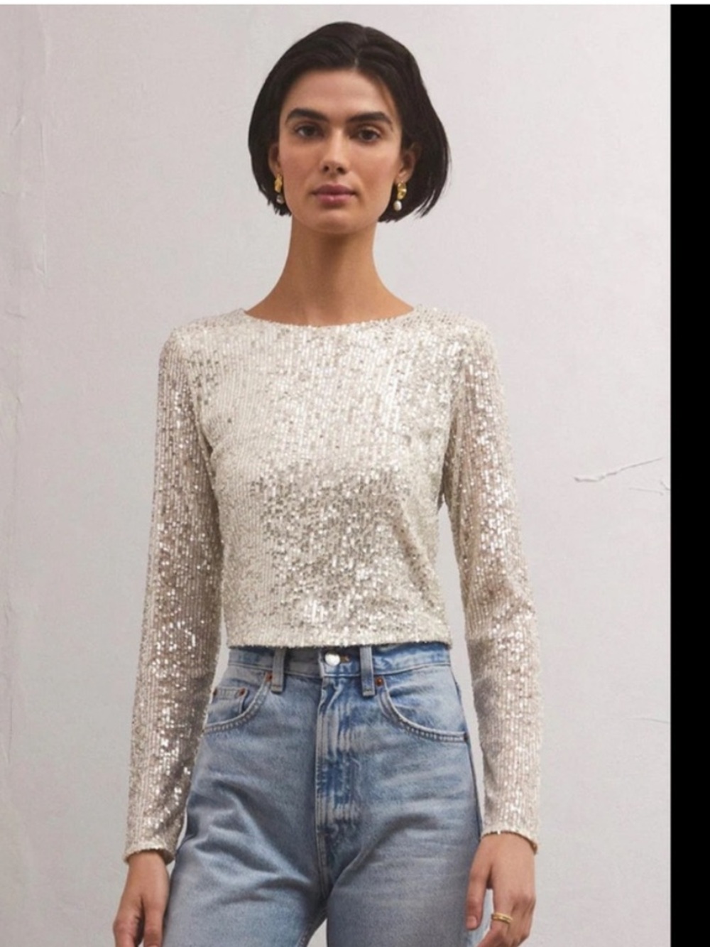 Z Supply Silver Aurora Sequin Long-Sleeve Crop Top